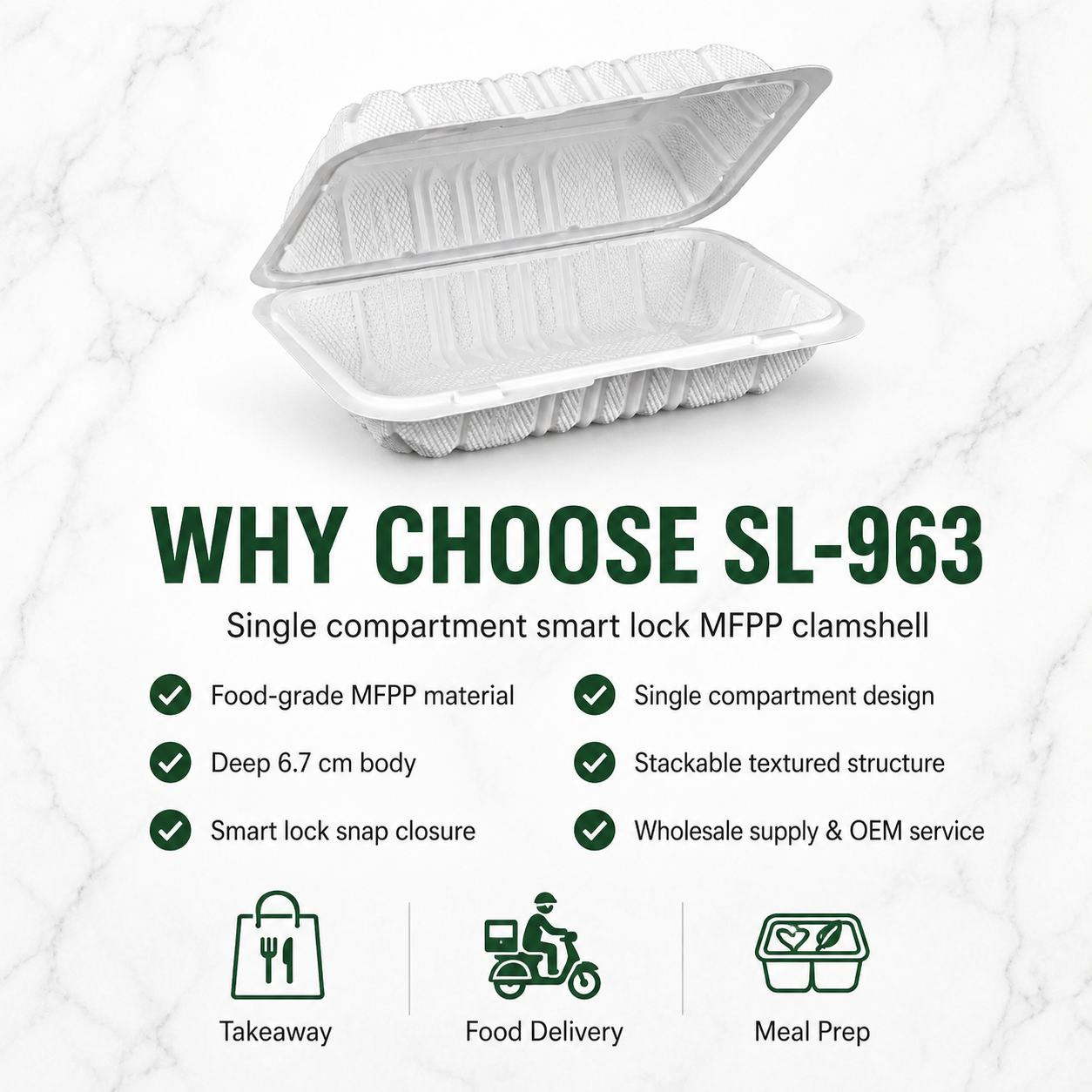 SL-963 9×6 Inch Single Compartment Smart Lock MFPP Clamshell Food Container